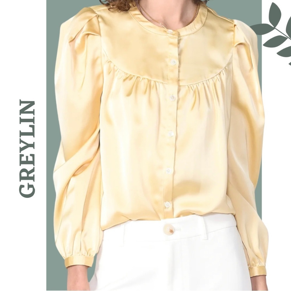 Greylin Tessa Matte Sateen Yoke Long Sleeve Blouse Yellow Butter Size XS